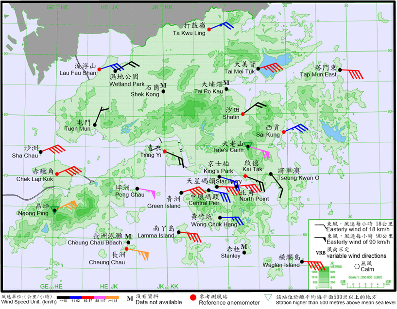 10-minute mean wind direction and speed recorded at various stations in Hong Kong at 12:20 a.m. on 2 September 2023. Local winds were generally easterlies, with winds at Cheung Chau and Ngong Ping reaching hurricane force at the time.