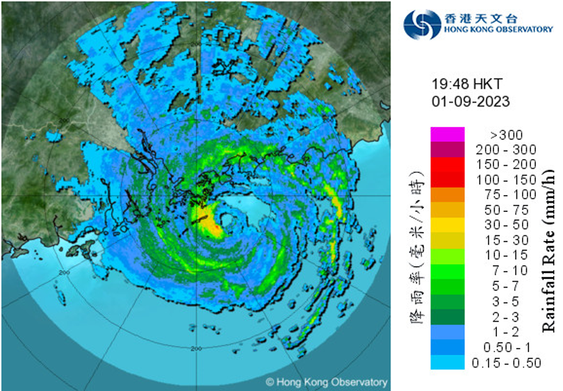 Image of radar echoes captured at 7:48 p.m. on 1 September 2023. The inner eyewall of Saola shrunk apparently. Meanwhile, the outer rainbands associated with Saola weakened slightly but the convections near the eyewall of Saola remained very intense.