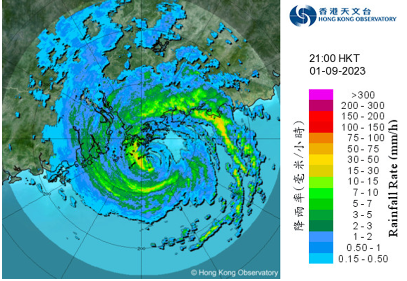 Image of radar echoes captured at 9 p.m. on 1 September 2023 when Saola was closest to Hong Kong, skirting past about 40 km south-southeast of the Observatory Headquarters. Meanwhile, the eyewall of Saola was affecting Hong Kong.