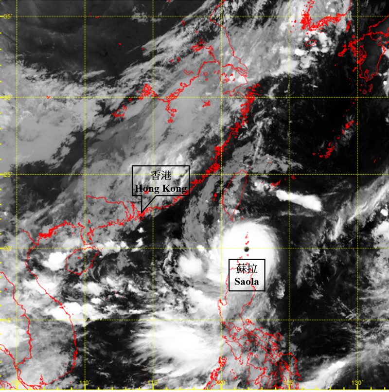 Infra-red satellite imagery at around 2 a.m. on 30 August 2023 when Saola was at its peak intensity with an estimated maximum sustained wind of 230 km/h near its centre.
