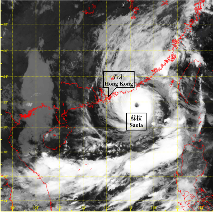 Infra-red satellite imagery at around 5 a.m. on 1 September 2023. The No. 8 Northwest Gale or Storm Signal was in force and the maximum sustained wind near the centre of Saola was estimated to be 210 km/h at that time.
