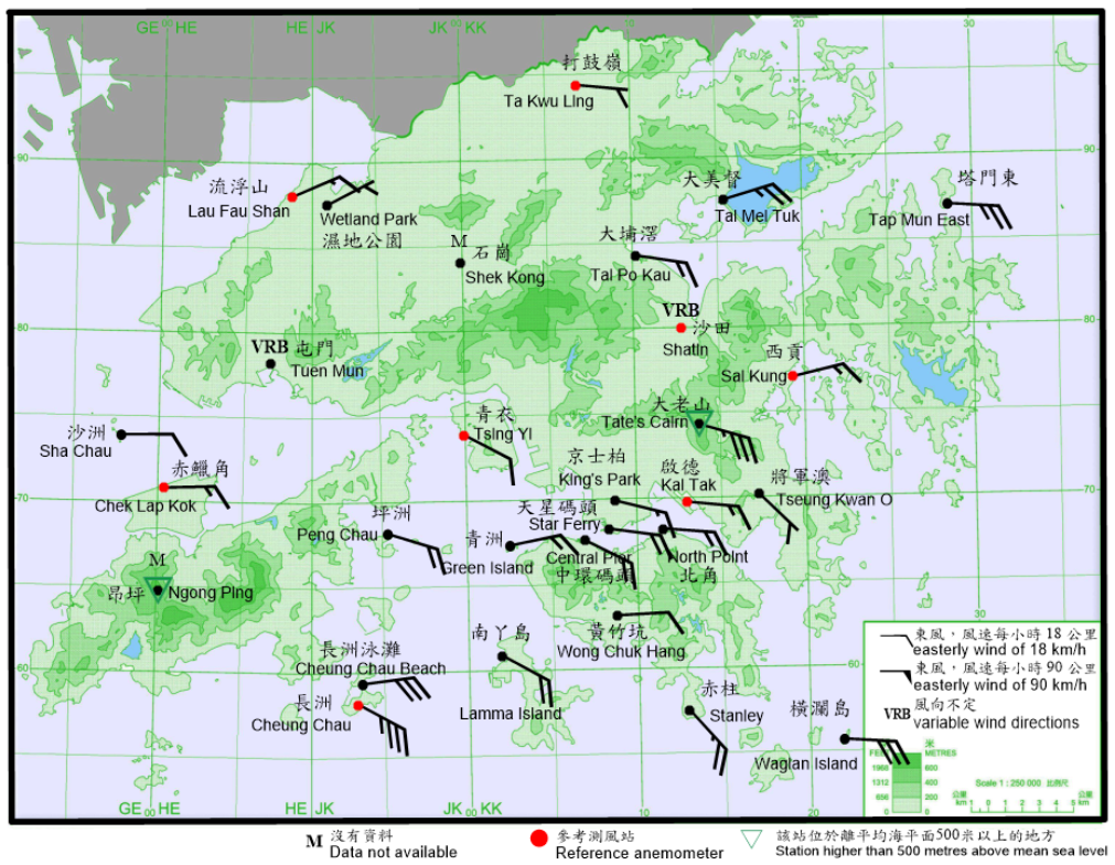 10-minute mean wind direction and speed recorded at various stations in Hong Kong at 11:30 p.m. on 31 July 2020. Winds reached strong force at Tap Mun East, Tate’s Cairn, Cheung Chau Beach, Tai Mei Tuk and Waglan Island at that time. Winds reached gale force at Cheung Chau.