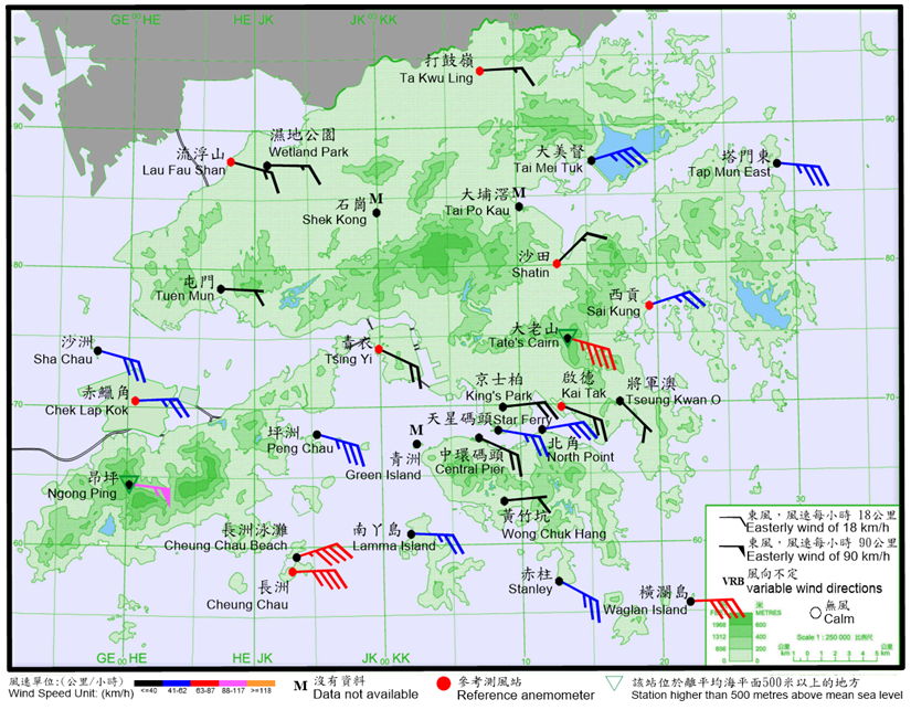 10-minute mean wind direction and speed recorded at various stations in Hong Kong at 9:00 a.m. on 17 July 2023. Winds at Cheung Chau, Cheung Chau Beach, Waglan Island and Tate’s Cairn reached gale force, and Ngong Ping even reached storm force at the time.