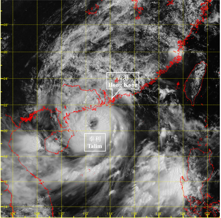Visible satellite imagery at around 11 a.m. on 17 July 2023 when Talim was at its peak intensity with an estimated maximum sustained wind of 140 km/h near its centre.
