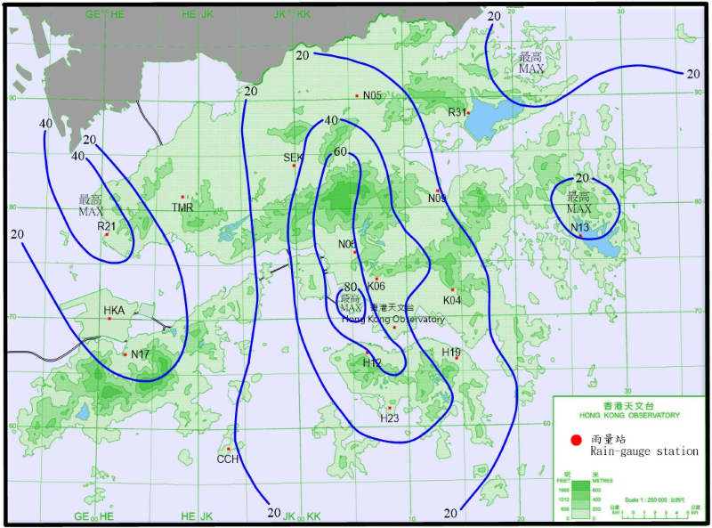二零二五年六月二十五日至二十六日的雨量分佈(等雨量線單位為毫米)。