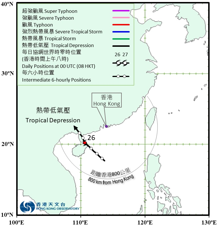 二零二五年六月二十五日至二十六日熱帶低氣壓的暫定路徑圖