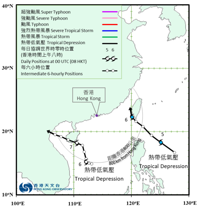 两个热带低气压(七月五日至八日)的暂定路径图