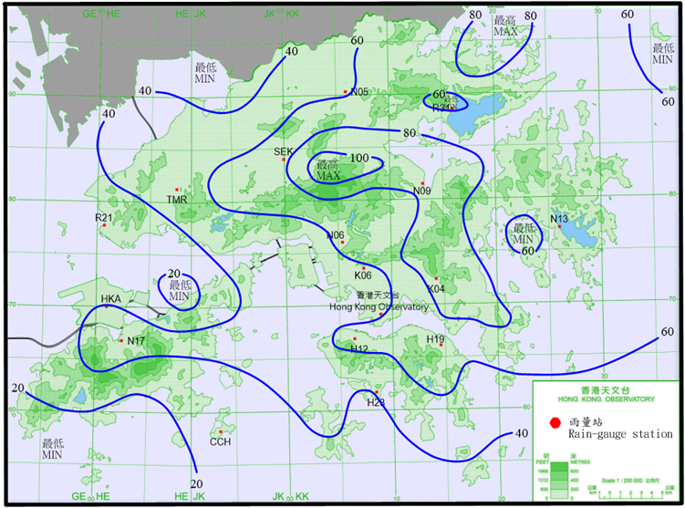 二零二四年十一月十一日至十五日的雨量分布(等雨量线单位为毫米)。