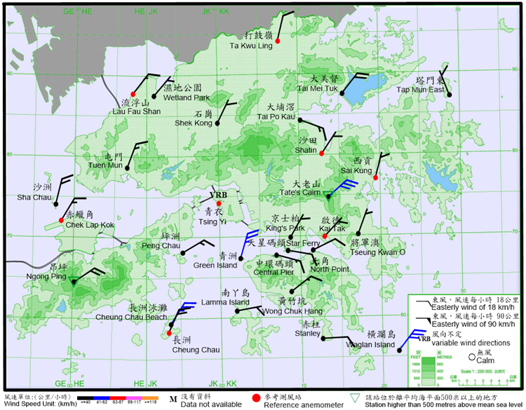 10-minute mean wind direction and speed recorded at various stations in Hong Kong at 11:40 a.m. on 26 October 2024. Winds at Cheung Chau Beach, Green Island, Waglan Island and Tate’s Cairn reached strong force at that time.