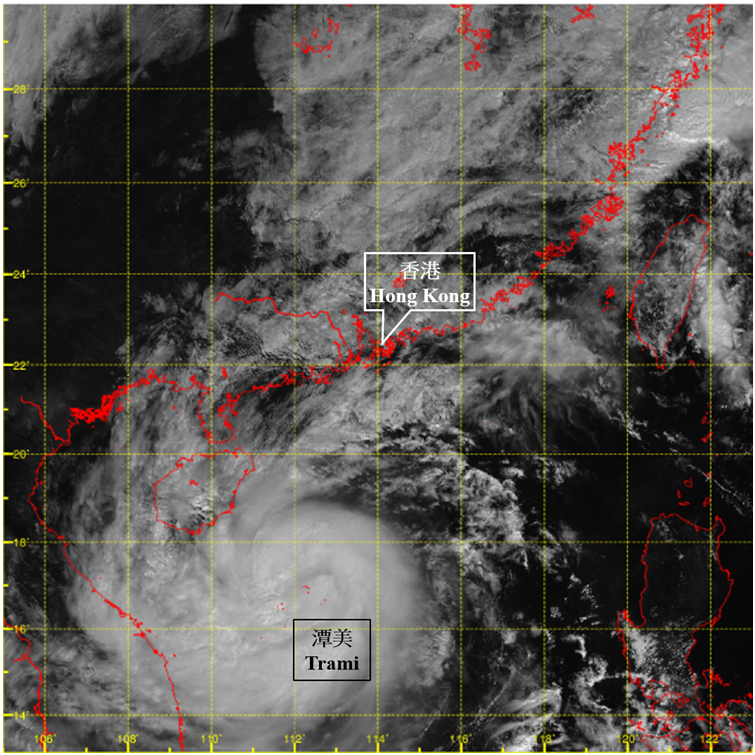 Visible satellite imagery at around 11 a.m. on 26 October 2024 when Trami was at its peak intensity with an estimated maximum sustained wind of 120 km/h near its centre.