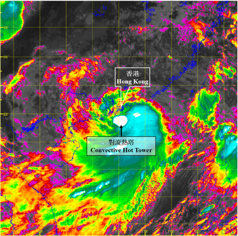 Infra-red coloured satellite imagery at around 9 a.m. on 20 July 2025.  At that time, a “convective hot tower” developed near the centre of Wipha with violent convective updraft.