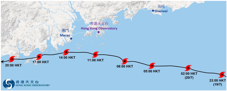 	Provisional track of Wipha (2506) near Hong Kong.