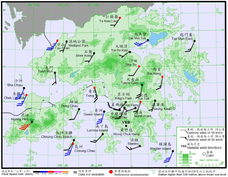 10-minute mean wind direction and speed recorded at various stations in Hong Kong at 12:10 p.m. on 15 June 2025.