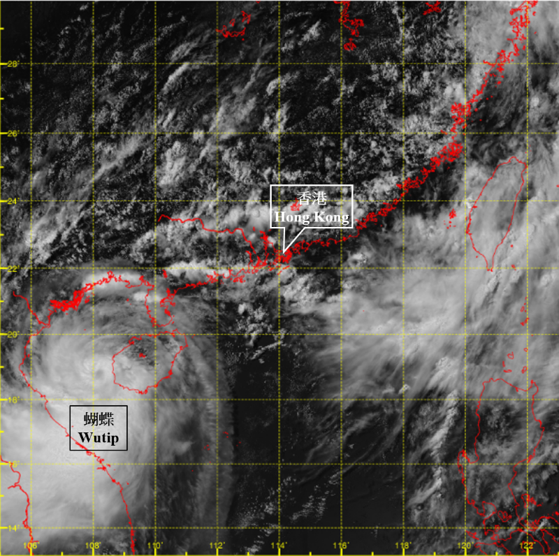 Visible satellite imagery at around 2 p.m. on 13 June 2025. The maximum sustained wind near the centre of Wutip was estimated to be 110 km/h at that time.