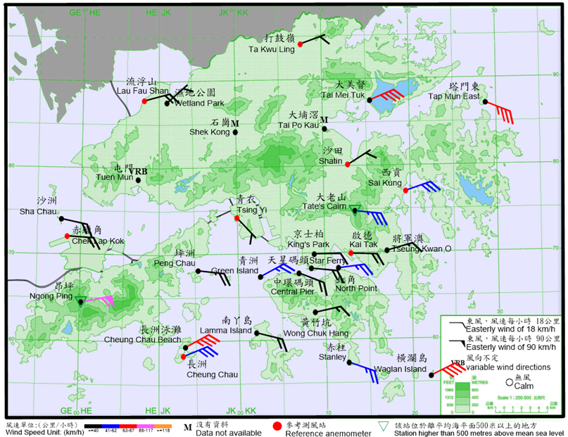 10-minute mean wind direction and speed recorded at various stations in Hong Kong at 10:50 p.m. on 5 September 2024. Winds at Cheung Chau Beach, Tai Mei Tuk, Tap Mun East and Waglan Island reached gale force, and winds at Ngong Ping even reached storm force at the time.