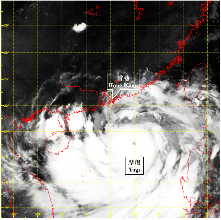 Infrared satellite imagery at around 5 a.m. on 5 September 2024. The maximum sustained wind near the centre of Yagi was estimated to be 205 km/h at that time.