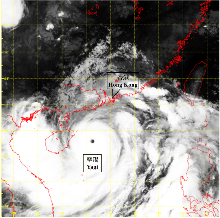 Infrared satellite imagery at around 5 a.m. on 6 September 2024 when Yagi was at its peak intensity with an estimated maximum sustained wind of 230 km/h near its centre.