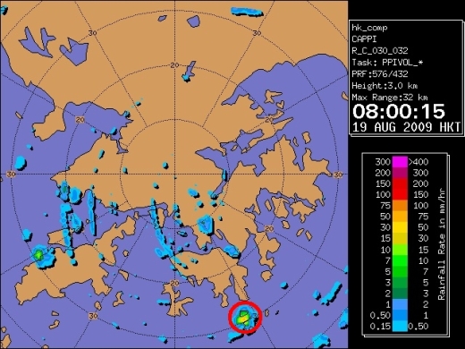 Figure 2: An image recorded by the Hong Kong Observatorys weather radar at 8am on August 19, 2009. The red circle shows the position of the waterspout.