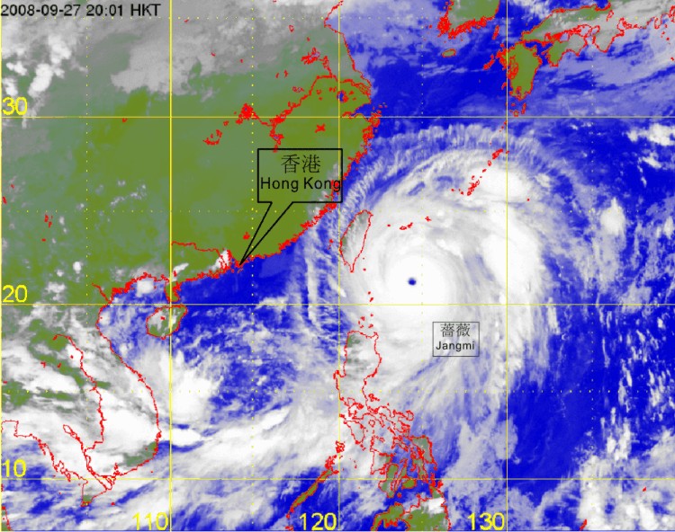 Infra-red satellite imagery at 8 p.m. on 27 September 2008 of Typhoon Jangmi.