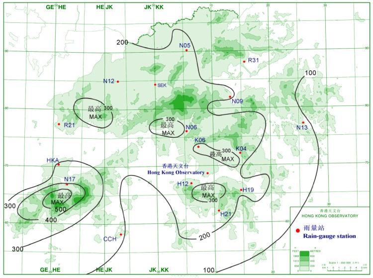 Rainfall distribution on 23 - 26 June 2008 (isohyets are in millimetres).