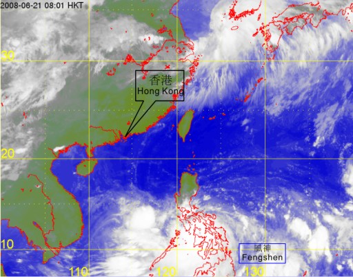 Infra-red satellite imagery at 8 a.m. on 21 June 2008 of Fengshen.