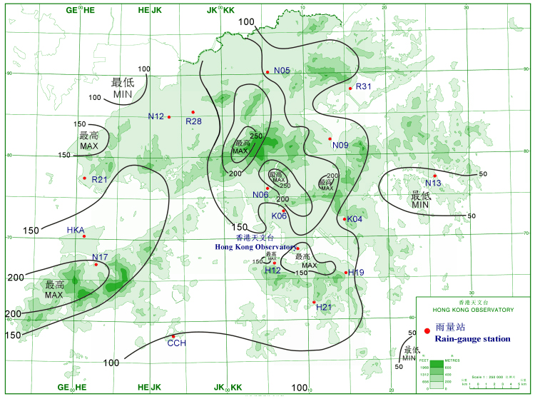 Rainfall distribution on 4 - 7 August 2008 (isohyets are in millimetres).