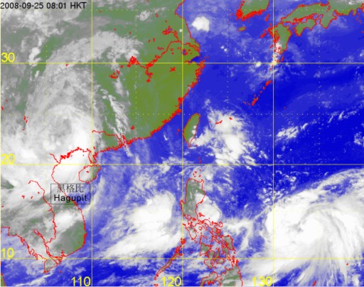 Infra-red satellite imagery at 8 a.m. on 25 September 2008 of Hagupit.