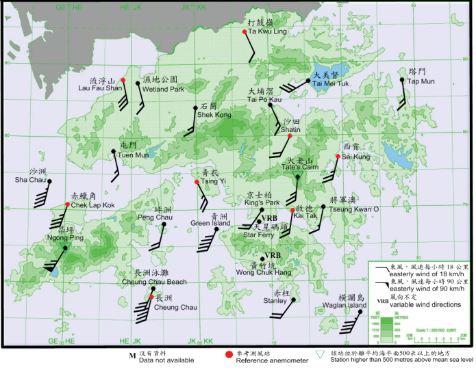 10-minute mean wind direction and speed recorded at various stations in Hong Kong at 8:20 a.m. on 2 August 2016. Nida had already weakened into a severe tropical storm and was about 80 km northwest of the Observatory Headquarters.