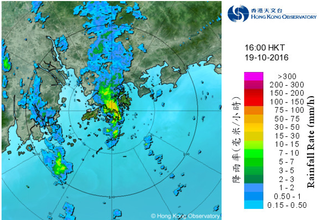 Radar echoes captured at 4 p.m. on 19 October 2016. The convergence between the southerly airstream associated with Sarika and the northeast monsoon triggered heavy rain and thunderstorm development near Hong Kong. Black Rainstorm Warning, Landslip Warning, Special Announcement on Flooding in Northern New Territories and Thunderstorm Warning were issued by the Observatory.
