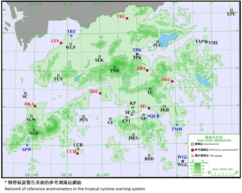 年报内提及的测风站及潮汐测量站之分布地点。