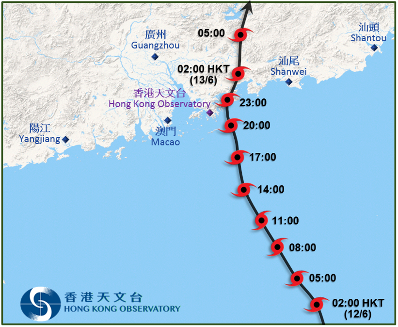 苗柏接近香港时的路径图。