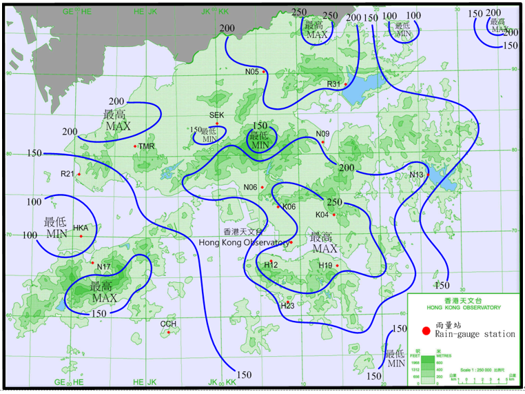 二零一七年六月十一日至十三日的雨量分布(等雨量线单位为毫米)