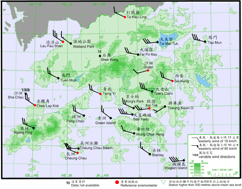 二零一七年六月十二日下午11時40分香港各站錄得的十分鐘平均風向和風速。當時九龍天星碼頭及橫瀾島的風力達到烈風程度。