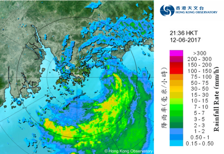 二零一七年六月十二日下午9時36分的雷達回波圖像，當時苗柏最接近香港。