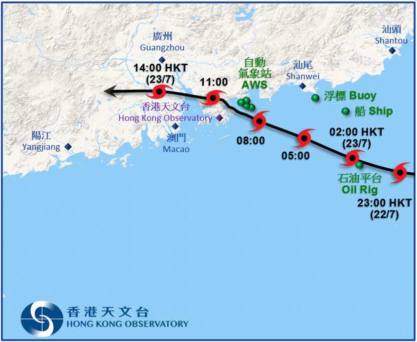 洛克接近香港时的路径图。绿点显示在洛克附近的烈风报告。