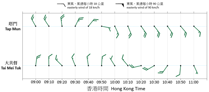 二零一七年七月二十三日上午9時至11時在塔門及大美督錄得的十分鐘平均風向及風速變化。在洛克橫過本港東北部時，塔門的風向以順時針方向轉變，而大美督的風向則以逆時針方向轉變。