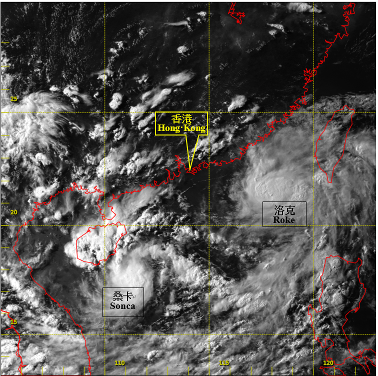 二零一七年七月二十二日下午5时左右的可见光卫星图片，当时洛克达到其最高强度，中心附近最高持续风速估计为每小时65公里。而在海南岛附近的热带气旋桑卡正向西缓慢移动。