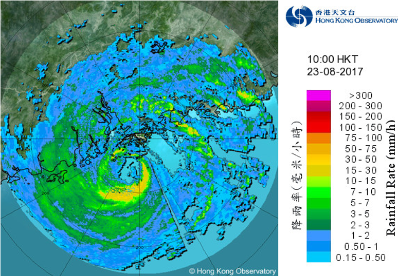 二零一七年八月二十三日上午10時天鴿最接近天文台總部時的雷達回波圖像。