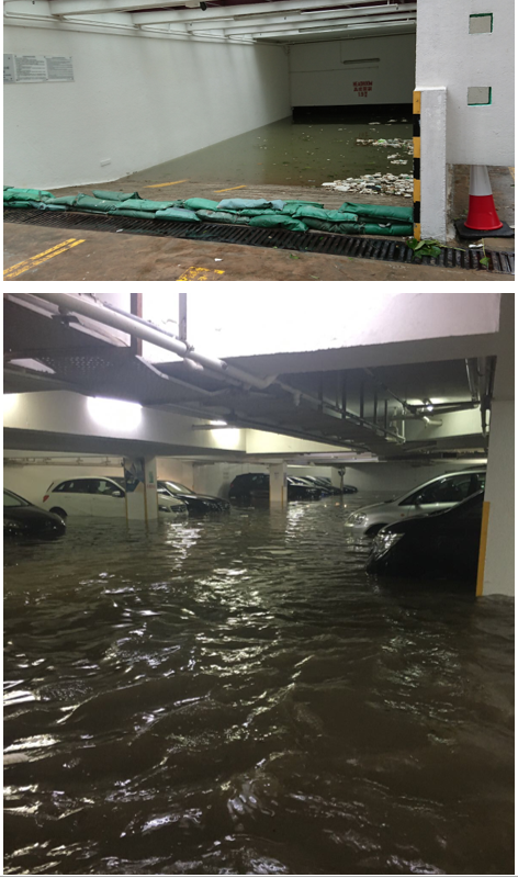杏花邨有地下停車場完全被海水淹浸，多輛汽車被淹沒。(圖片鳴謝: Steve Lee 和岑富祥)