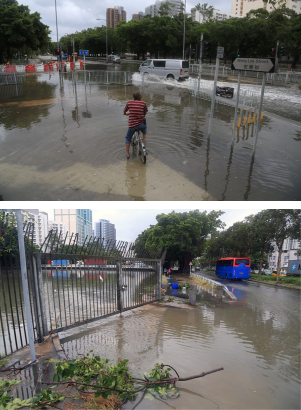 元朗明渠及山贝河暴涨，附近一带水浸。(图片鸣谢: 文锦豪 (社区天气观测计划) ) 