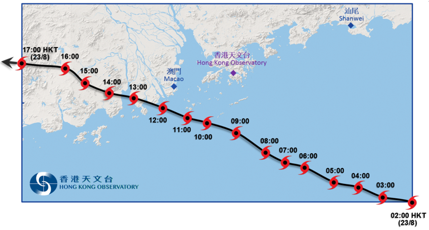 	天鴿接近香港時的路徑圖