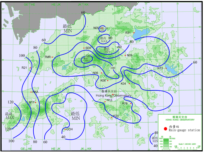 二零一七年八月二十二日至二十四日的雨量分佈(等雨量線單位為毫米)