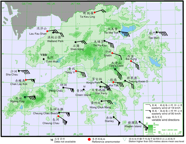10-minute mean wind direction and speed recorded at various stations in Hong Kong at 11 a.m. on 23 August 2017. Winds were generally from the east to southeast over the territory, with winds reaching hurricane force at Cheung Chau and Ngong Ping at that time.
