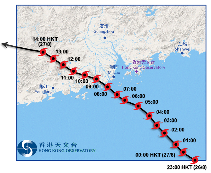 帕卡接近香港時的路徑圖