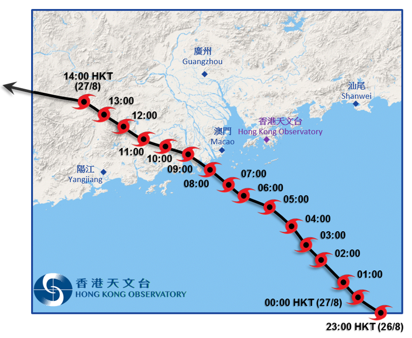 帕卡接近香港时的路径图