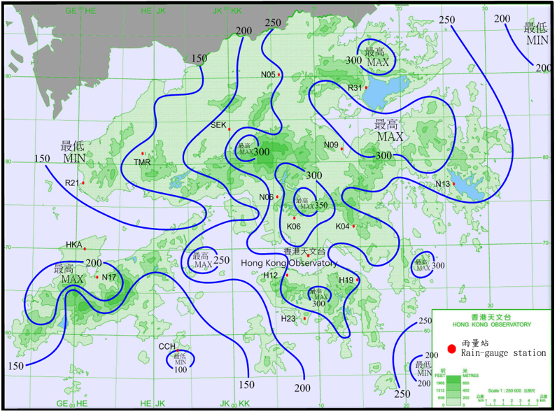 二零一七年八月二十六日至二十八日的雨量分佈(等雨量線單位為毫米)