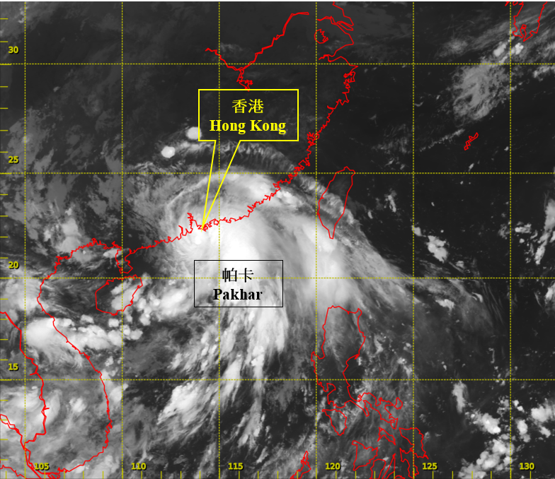 二零一七年八月二十七日上午5时左右的红外线卫星图片，当时帕卡达到其最高强度，中心附近最高持续风速估计为每小时110公里。