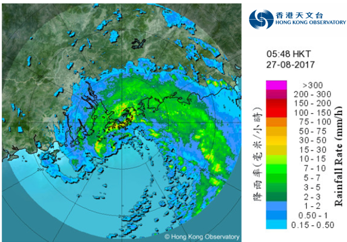 二零一七年八月二十七日上午5時48分的雷達回波圖像，當時帕卡北面的強雨帶正為本港帶來狂風大雨。