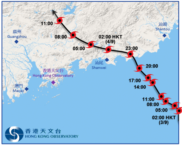 		玛娃接近香港时的路径图