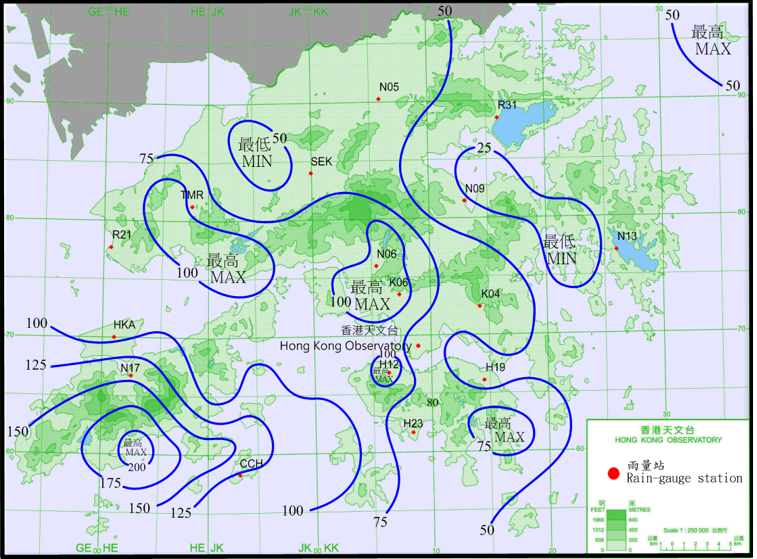 二零一七年九月二日至四日的雨量分布(等雨量线单位为毫米)